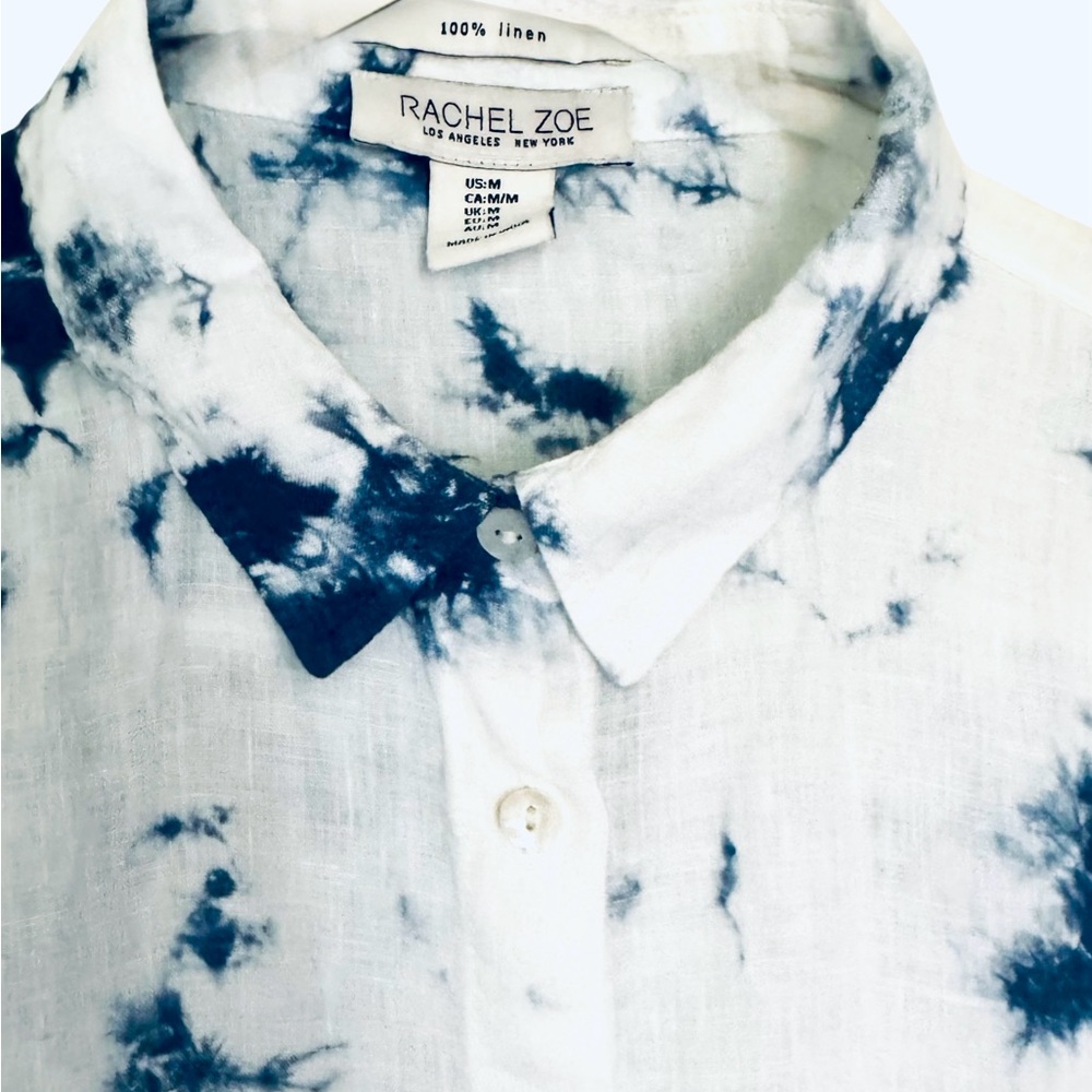 Rachel Zoe Blue White Tie-Dye Linen Button Front Collared Peplum Cropped Top - Picture 12 of 16